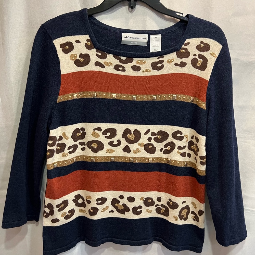 Alfred Dunner Three Quarter Sleeve Sweater Navy Animal Print Size Petite Large